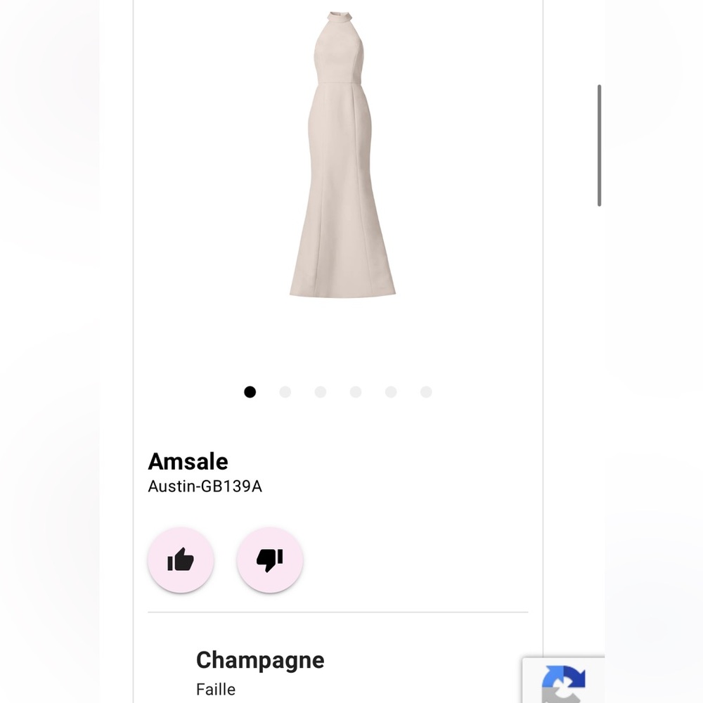 Bella’s Bridesmaid dress Amsale Color: Champagne Size:10 Style: Austin-GB139A